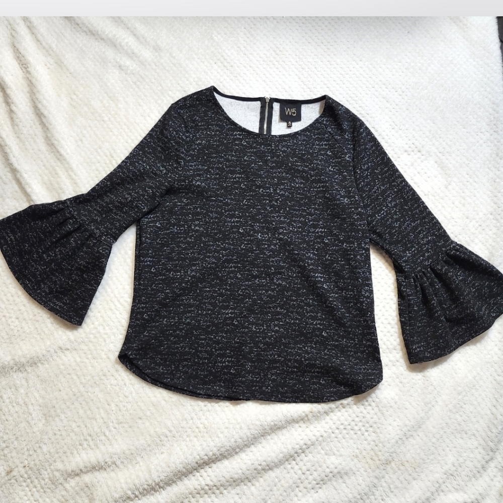Black Textured Bell Sleeve Blouse  Size M